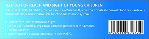 Vitamin D 1000 IU –Equivalent to 25 mcg - ColeDose D3, Premium Vitamin - Easy Swallow 30 Tablets- One a Day