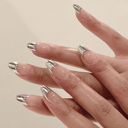 mgmxbsth Mgmxbsth 24Pcs Almond Fake Nails,Sliver Press on Nails,Frech Style Glossy Fake Nails, Stick on Nails with Designs Stick for Women and Girls (Casual)