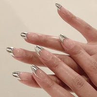 mgmxbsth Mgmxbsth 24Pcs Almond Fake Nails,Sliver Press on Nails,Frech Style Glossy Fake Nails, Stick on Nails with Designs Stick for Women and Girls (Casual)