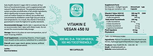 Kala Health Vitamin E 450 IU 400mg Tocopherol + Tocotrienol Vitamin E Vegan - Alpha Tocopherol + All 4 Tocotrienols – Alpha Tocotrienol + Beta Tocotrienol + Delta Tocotrienol and Gamma Tocotrienol