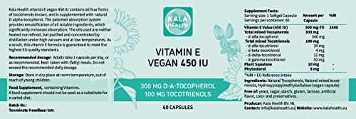 Kala Health Vitamin E 450 IU 400mg Tocopherol + Tocotrienol Vitamin E Vegan - Alpha Tocopherol + All 4 Tocotrienols – Alpha Tocotrienol + Beta Tocotrienol + Delta Tocotrienol and Gamma Tocotrienol