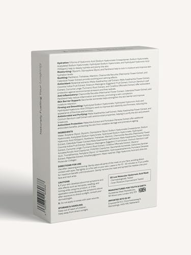 Youth and Earth Bio-Collagen Hyaluronic Acid Gel Face Mask- Pack of 5 - Face Masks Beauty for Anti Wrinkles - Hydrating Face Mask - Skin Care for Women - Moisturising & Nourishing Face Masks