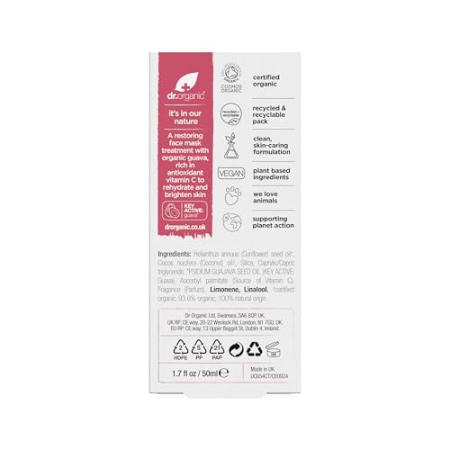 Dr. Organic Dr Organic Guava Face Mask, Vitamin C, Brightening, Mens, Womens, Natural, Vegan, Cruelty-Free, Paraben & SLS-Free, Organic, 50ml, Packaging may vary