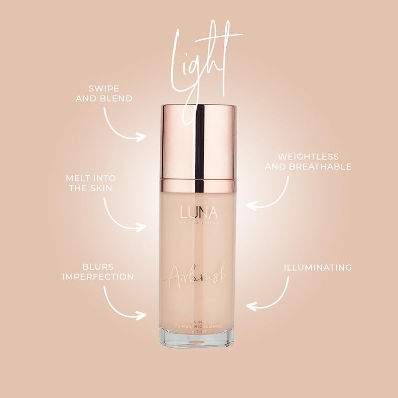 LUNA BY LISA JORDAN LUNA 3 in 1 Airbrush Primer Makeup, Highlighter and Skin Tint - Weightless and Breathable Illuminating Primer - Fine Line & Pore Minimizer Primer - Light Shade