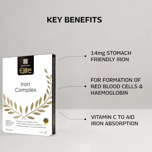 Healthspan Elite Iron Complex 14mg (120 Tablets) | for Healthy Blood, Energy & Immunity | Stomach Friendly Iron | with Vitamin C to Aid Iron Absorption | Informed Sport Accredited | Vegan