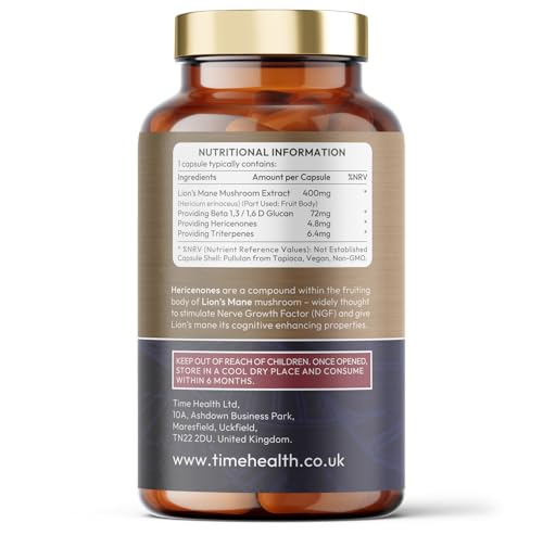 Time Health Lions Mane NGF - High Strength - Vegan - No Fillers, Binders or Flow Agents - Pullulan Capsules - 120 Capsules