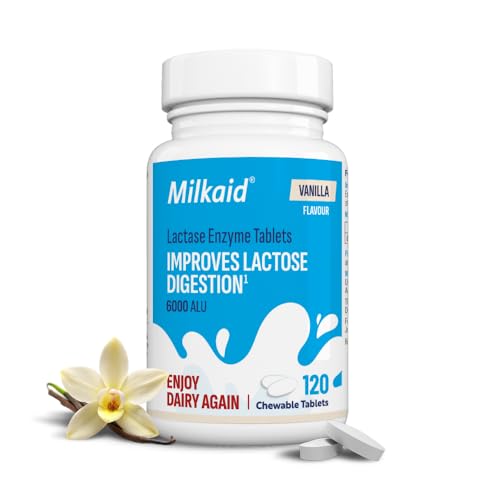 Milkaid Vanilla Lactase Enzyme Chewable Tablets for Lactose Intolerance Relief | Prevents Gas, Bloating & Diarrhoea | Fast Acting Dairy Digestive Supplement | Gluten Free & Vegan | 120 Tablets