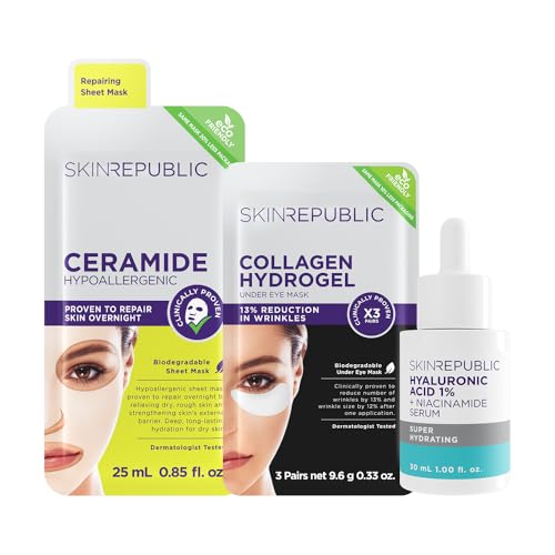 Skin Republic The Hydrating Skincare Set, Ceramide Sheet Mask, Collagen Eye Patches 3 Pairs, Hyaluronic Acid Serum 30ml