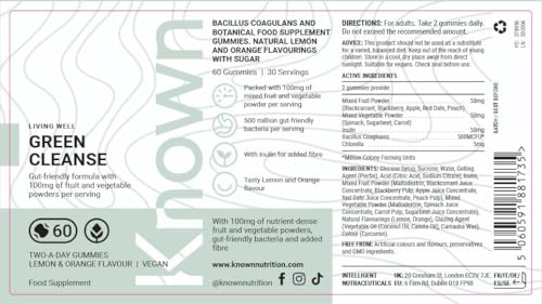 Known Delicious Green Cleanse Gummies - Chlorella & Gut-Friendly Bacteria - Natural Lemon & Orange Flavour - 60 Vegan Gummies, 1 Month Supply