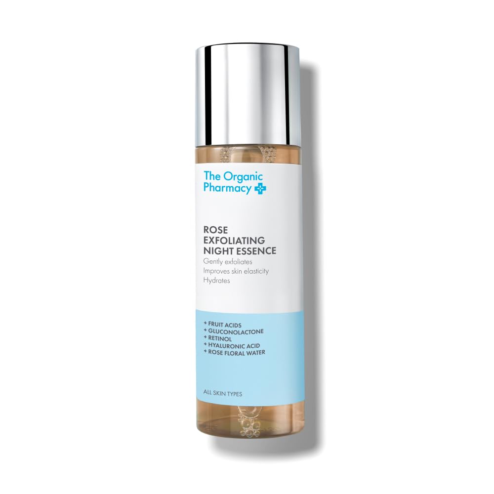 The Organic Pharmacy Rose Exfoliating Night Essence, 150ml - Gently exfoliate, Improve skin elasticity & Hydrate, With Fruit Acids, Gluconolactone, Retinol, H.A, Organic 91%