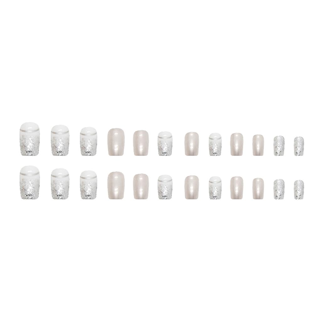 Clataly 24 Pcs Square Nail Silver Glitter Powder Fake Nails Press on False Nails Daily Wear Artificial Nails for Women and Girls