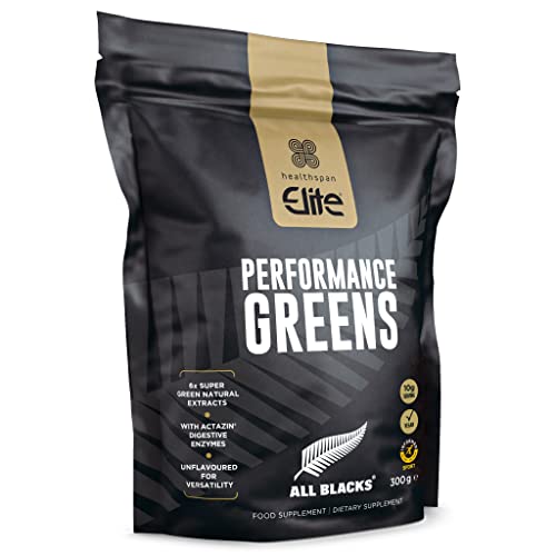 Healthspan Elite All Blacks Performance Greens (300g) | Super Green Extracts | Unflavoured | Add to Shakes or Meals | Includes Spirulina, Kale, Spinach, Broccoli & Pomegranate | Added Actazin | Vegan