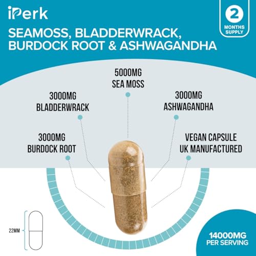 iperk iPerk Sea Moss Complex: Bladderwrack, Burdock & Ashwagandha - 14,000mg High Potency Formula - 60 Vegan Capsules - UK Manufactured