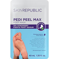 Skin Republic Pedi Foot Peel Max 15% stronger acids removes severely dry skin and cracked heels.