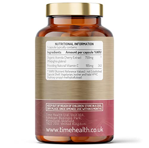 Organic Acerola Cherry - Freeze-Dried - 26% Vitamin C - 44:1 Extract Ratio - Natural & Wholefood - UK Made - Zero Additives (120 Capsules)