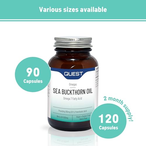 Quest Sea Buckthorn Oil Omega 3, 6 & 7, Berry Oil & Palmitoleic Acid Supplement. Supports Skin & Eye Health Plus Post Menopause Dryness. Vegan Omega Anti-Inflammatory Supplement Tablets (120 Capsules)