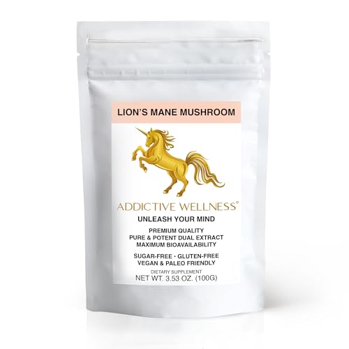 Addictive Wellness Lions Mane Supplement Powder, Premium Quality Lions Mane Mushroom Powder Dual-Extract Nootropic, Sugar Free, Vegan & Paleo Lion's Mane Mushroom Supplement - 1500 mg (100 Grams)