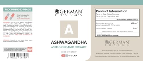 German Pharma Ashwagandha Organic 650mg | 60 Vegetarian Capsules | 5% Withanolides | UK Manufacturing | 100% Natural |
