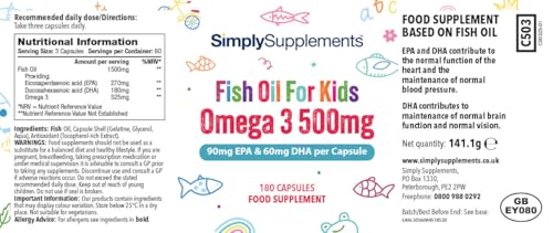 Simply Supplements High Strength & Pure Omega 3 500mg for Kids | for Ages 5-14 Years | 360 Capsules in Total | Manufactured in The UK