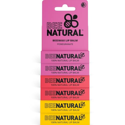Bee Natural 100% Natural Moisturising Lip Balm - Multi Flavour (Honey Vanilla, Pomegranate, Strawberry) Pack of 6
