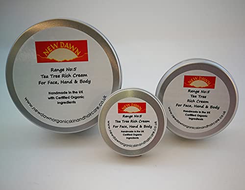 New Dawn Organic Natural Tea Tree Rich Cream/Moisturiser for Dry skin - Range No.5 - Made with Coconut, Rosehip and Starflower Oil (75ml)