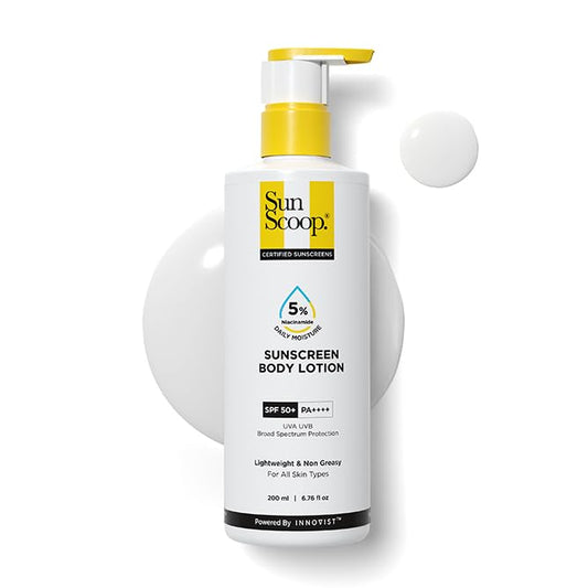 SunScoop 5% Niacinamide Body Sunscreen SPF 50+ PA++++ | Ceramides & Oat Extract | Broad Spectrum UVA UVB | No White Cast | 24hr Moisture | Non-Greasy Body Lotion | All Skin Types | 200ml