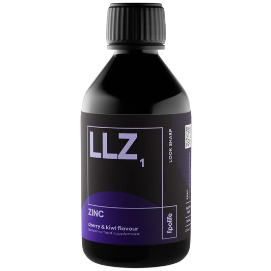 Lipolife lipolife liposomal liquid Zinc supplement for optimal immune support LLZ1. Delicious cherry and kiwi flavour, vegan, gluten free, sugar free. 48 servings.