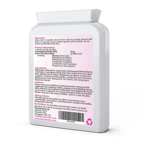 Pharmanostix PharmaFlora 10 Billion CFU- 60 Vegan Targeted Capsules - High-strength Multi-strain Active Live Bacteria Complex - Acidophilus -Bifidobacterium - Streptococcus -Thermophilus - UK Manufacture