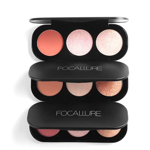 Highlighter Palette, FOCALLURE 3 Colors Blusher Highlighter Palette Face Natural Contour Cheek Blush Complexion Highlighting Illuminating Palette Makeup Beauty Cosmetics(3#)