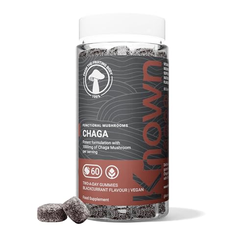 Known Delicious Chaga Gummies - 1000mg Chaga Mushroom, Vitamin D, E - Immune Support - Natural Blackcurrant Flavour - 60 Vegan Gummies, 1 Month Supply