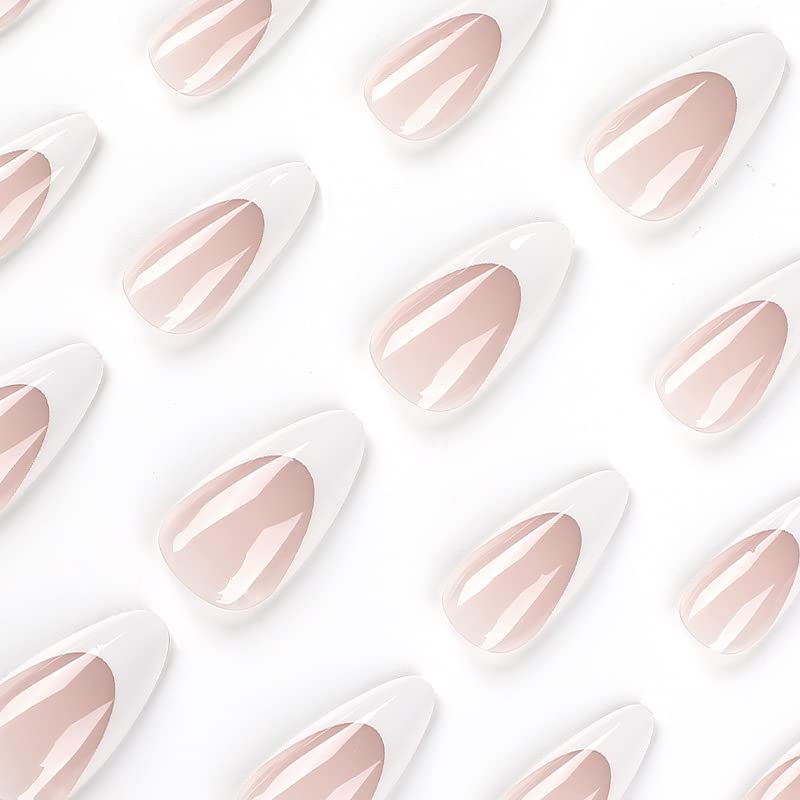 Maggidea French Tip False Nails, French Stick on Nails, 24pcs Strong Almond Style Press On Nails with Glue Elegant White Tips Design Fake Nails for Women Girls (Almond- Pink)