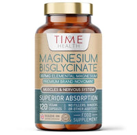 Time Health Magnesium Bisglycinate – 307mg Elemental Magnesium – Superior Absorption NovoMin® Magnesium Glycinate – 120 Capsules – UK Made to GMP & HACCP Standards – Zero Additives – Pullulan
