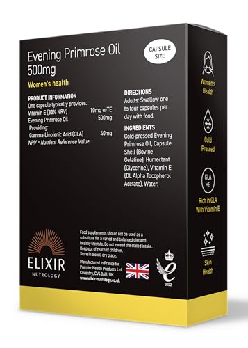 ELIXIR NUTROLOGY Evening Primrose Oil 500mg 30 Softgel Capsules – Supports Women’s Health, Rich in Gamma-Linolenic Acid (GLA), with Vitamin E for Skin Health & Antioxidant Protection.