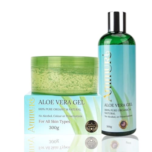 Ammuri Organic Aloe Vera Gel Set - 2 Pack: 300ml Bottle & Jar - 100% Pure Aloe for Skin & Hair Care - Non-Sticky & Fast Absorbing - Multi-Purpose Hydration