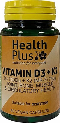Health Plus Vitamin D3 1500iu (38µg) + K2 (MK-7) 75µg : Vitamin D & K2 Supplement : 60 Vegan Capsules, in a Planet-Friendly 99% Recycled Pot