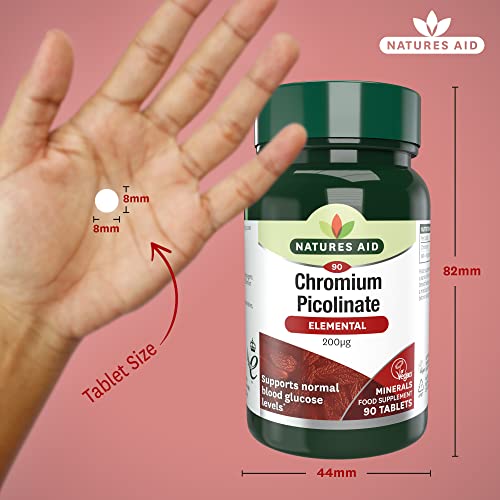 Natures Aid Chromium Picolinate 200µg - 90 Tablets - High Strength Supplement to Support Normal Blood Glucose Levels & Reduce Sugar Cravings - Vegetarian, Gluten Free - No Gummies or Capsules