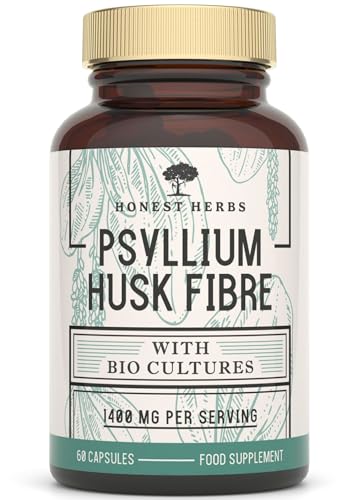 Honest Herbs Psyllium Husk Capsules with Probiotics - Fibre Supplement Complex 1400mg - 60 Capsules - 6 Billion Probiotics 5 Strains