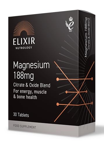 ELIXIR NUTROLOGY Magnesium 188mg - 30 Tablets, Supports Energy Metabolism, Muscle Function & Bone Health - Vegetarian & Vegan Friendly - Magnesium Citrate and Oxide. Made in The UK
