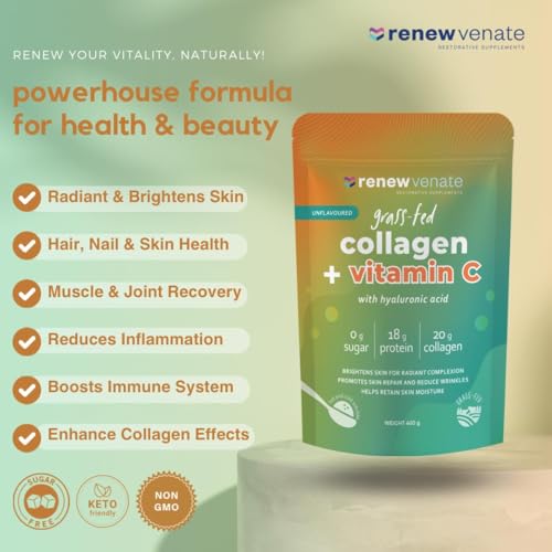 RenewVenate Grassfed Collagen with Vitamin C and Hyaluronic Acid – Premium Hydrolyzed Peptides for Radiant Skin, Hair, Nails & Joint Health – Non-GMO, Gluten-Free, Keto-Friendly 400g