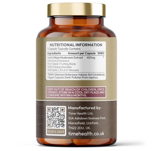 Time Health Lions Mane High Strength Extract - 50% Polysaccharides / 30% Beta 1,3/1,6 D Glucan - No Fillers, Binders or Flow Agents - 3rd Party Tested - UK Made - 60 Capsules