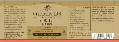 Solgar Vitamin D3 (Cholecalciferol) 600 IU (15 µg) Vegetable Capsules - Food Supplement - Pack of 60 - for Healthy Bones, Teeth and Muscle Function - Supports Immunity - Gluten Free