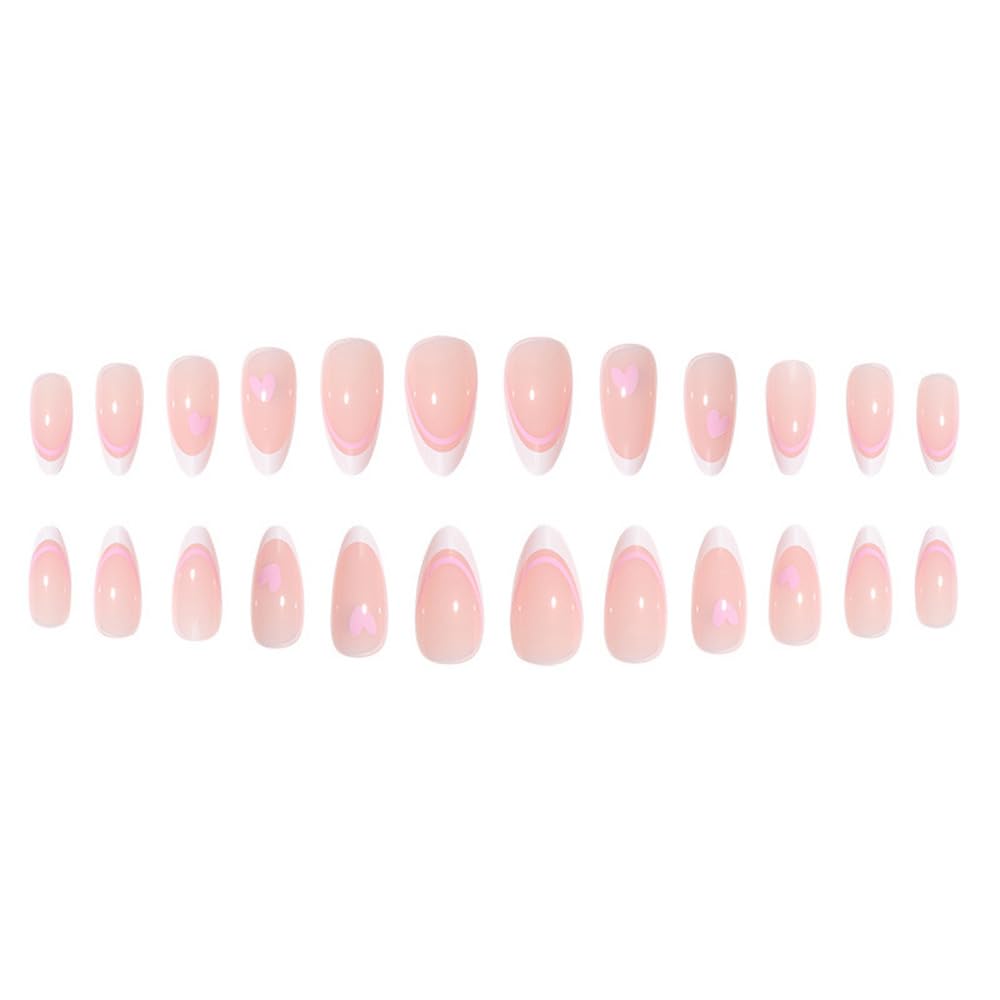 ZDHSOY 24Pcs French False Nails White Tip - Medium Length Fake Nails French Tip Press on Nails, Almond Pink with Ballet Heart Design for Women Girls (Ballet Heart Design)