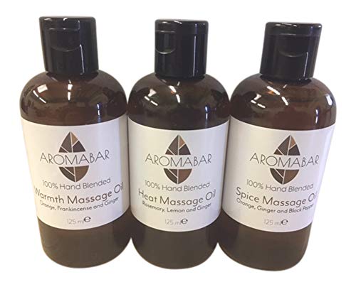 Aromabar Winter Warmer Massage Oil Gift Set (3 x 125ml) Warmth (Sweet Orange, Frankincense & Ginger), Heat (Rosemary, Lemon & Ginger) and Spice (Sweet Orange. Ginger & Black Pepper)
