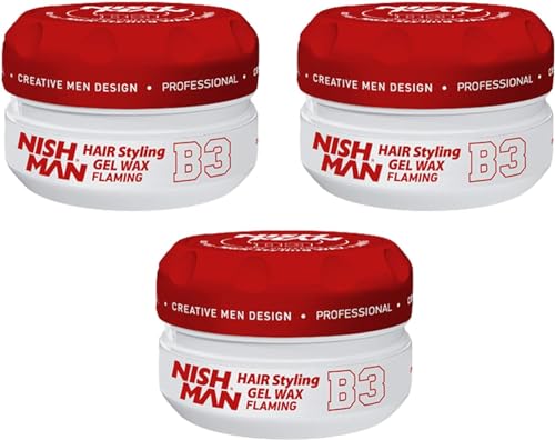 Nishman Hair Styling Wax for Men, B3 Flaming, Red150 ml | Edge Control | Ultra High Strong Hold | Hair Clay Aqua Wax (3 Pack)