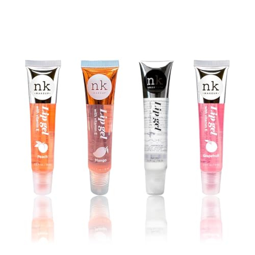 NK lip gloss gel 15ml Vitamin E, Shiny, Nourishes, Peach, Mango, Clear and Grapefruit flavoured by Nicka K (Multi Pack Of 4).