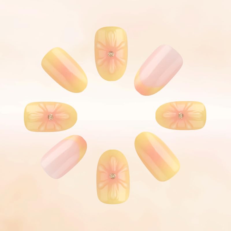 Nymora 24PCS Yellow Flower 3D Press on Nails - Summer Jelly Gel Nail Art Kit with Glue Strips & File for Instant Elegance