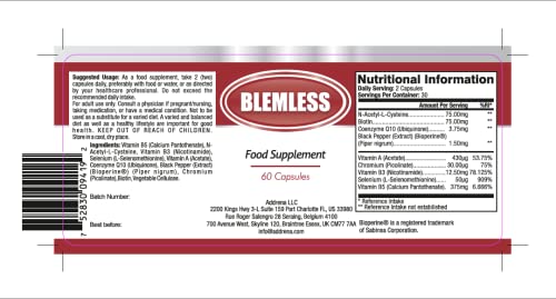 Blemless 30 Day- Clear Skin Supplement Pills Designed to Reduce Oily Breakouts from Spots & Blemishes with Vitamins A, B5, NAC, & Selenium for Women, Men, Teens, & Adults | 60 Natural Capsules