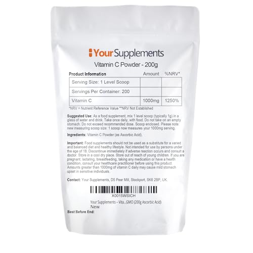 YourSupplements Vitamin C Powder 200g - Ascorbic Acid | 100% Pure British Pharmaceutical Grade | Non-GMO | Scoop Included