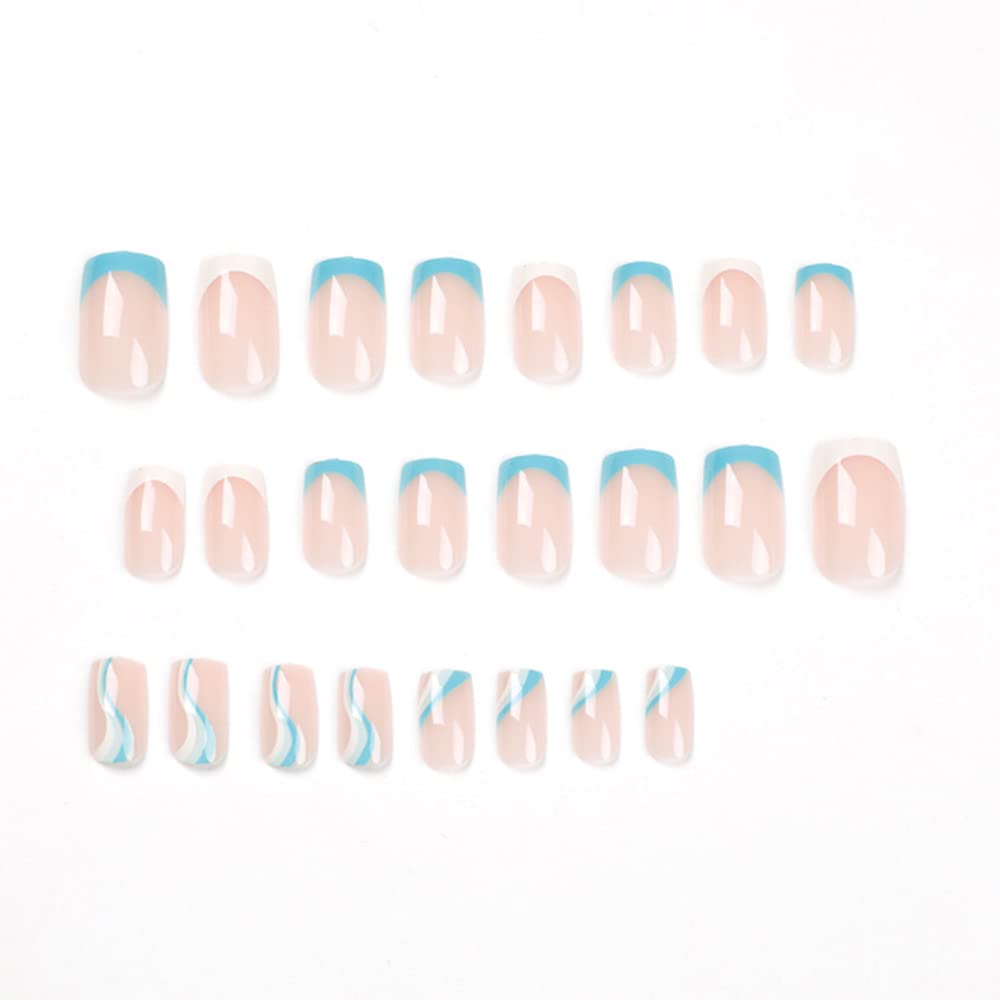 Albiuev 24PCS Short False Nails with Glue Stickers,Coffin Full Cover Acrylic Nails Press on Nails no Glue,White Blue Wave French Fake Nails Stick on Nails for Women and Girls Nail Art.