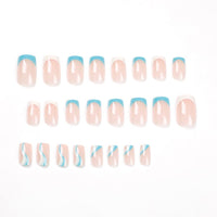 Albiuev 24PCS Short False Nails with Glue Stickers,Coffin Full Cover Acrylic Nails Press on Nails no Glue,White Blue Wave French Fake Nails Stick on Nails for Women and Girls Nail Art.